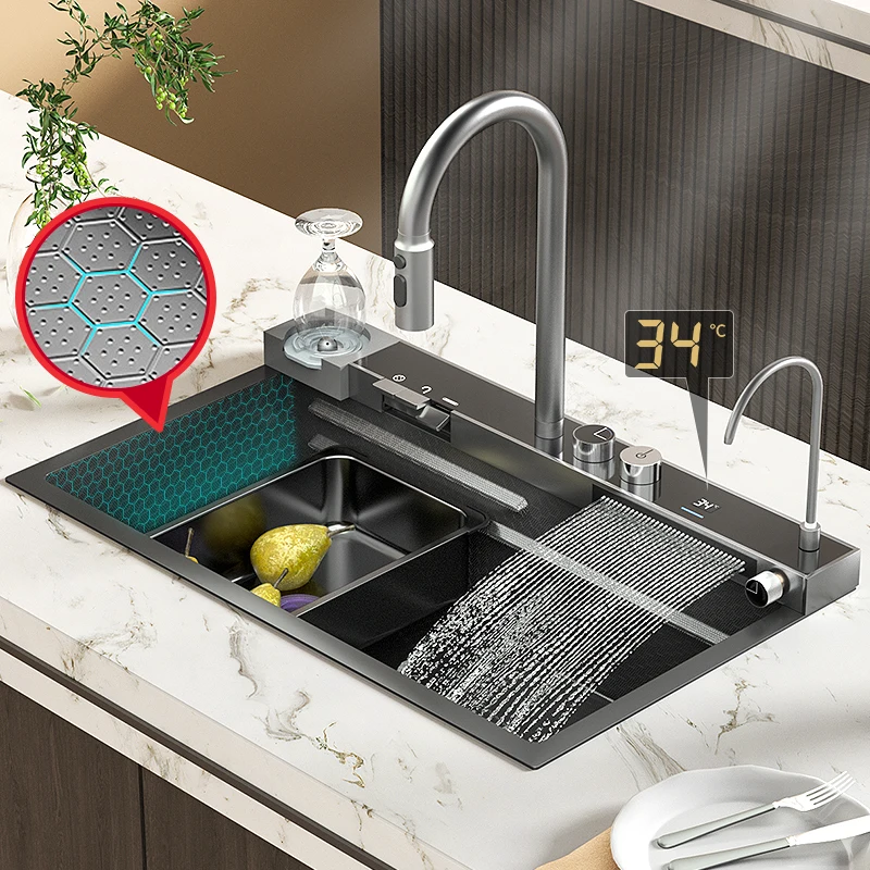 

Waterfall Kitchen Sink Basin Large Single Slot Digital Display 304 Stainless Steel Sink With Waterfall Faucet For Kitchen Home