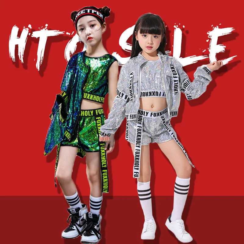 2023 Fashion Boys Hip-hop Set Girl Silver Color Jazz Dance Costume Children Performance Clothes Dance Costume Cool Rave Outfits