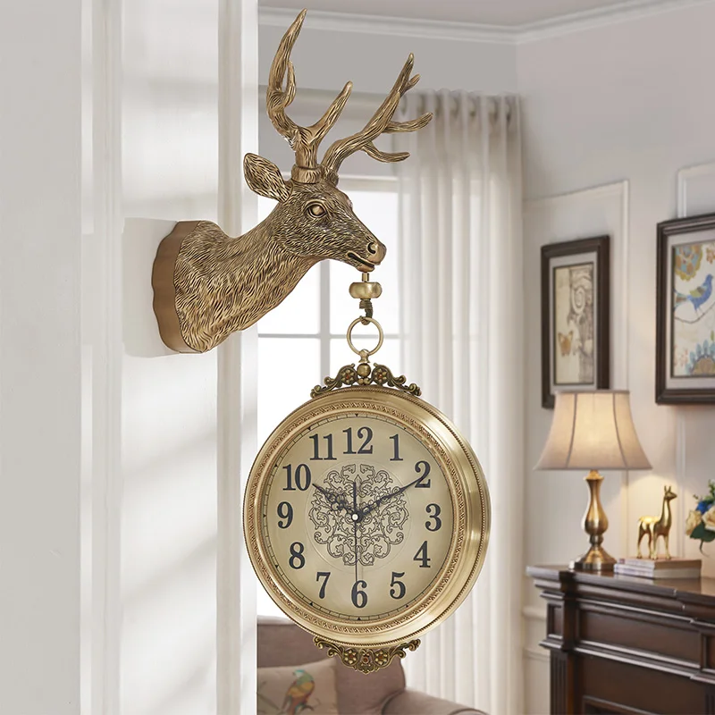 Retro Deer Head Double-Sided Hanging Clock Metal Dial And Mirrored Glass Clock Artistic Decoration In Guest Rooms Clock Watch