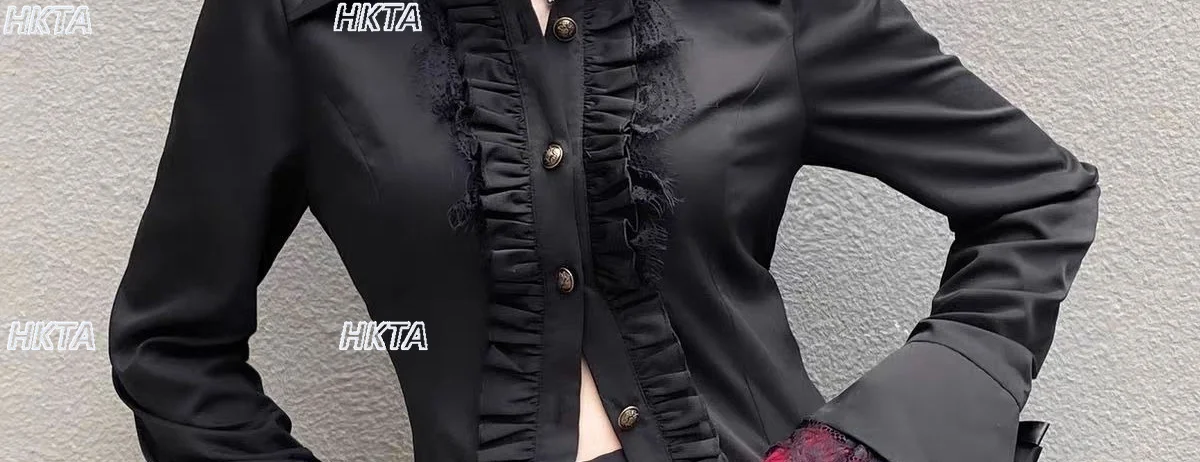 Dark Goth Punk Autumn Black Shirt Subculture Y2k Vintage Lace Splicing Pleated Horn Long Sleeve Slim Cosplay Blouses Top Women
