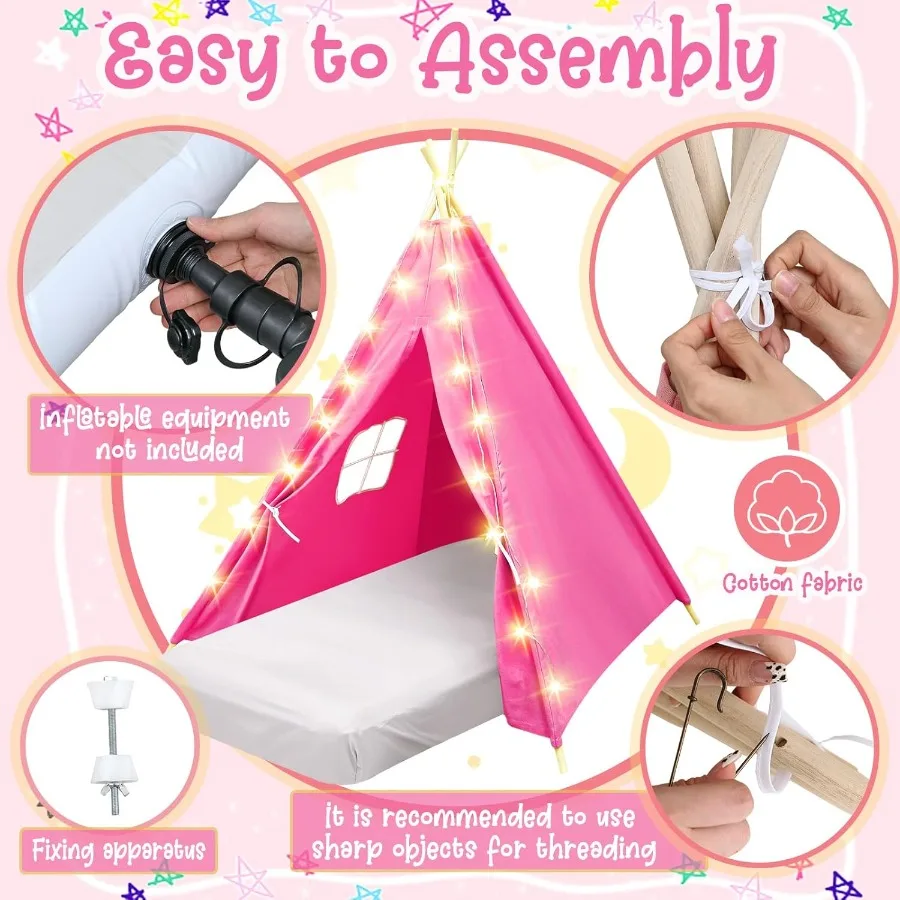 Paquete de 2 tiendas tipi con colchón, sábana ajustable, cuerda ligera, tienda de juegos lavable de algodón Natural para niños y niñas, interior y exterior