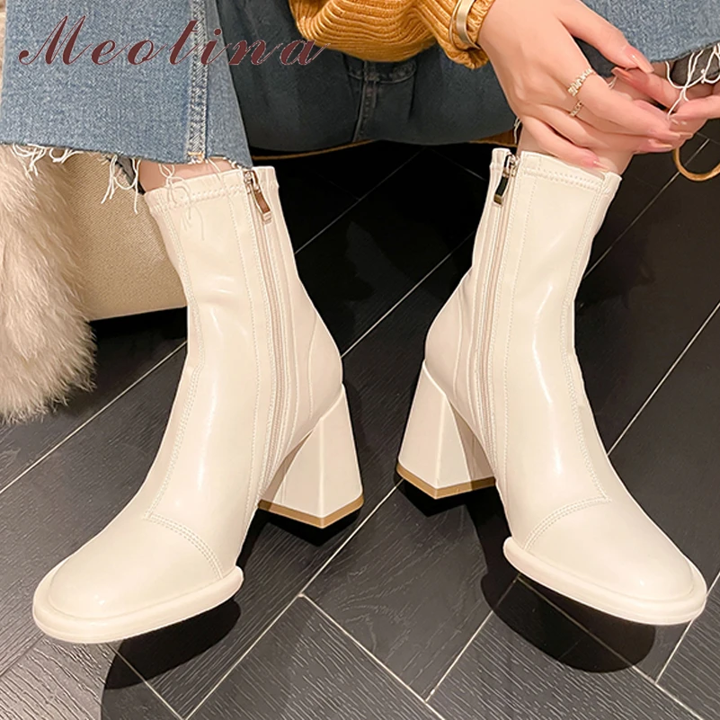 

Meotina Women Ankle Stretch Boots Round Toe Thick High Heels Zipper Short Boot Ladies Fashion Shoes Autumn Winter Beige Black 40