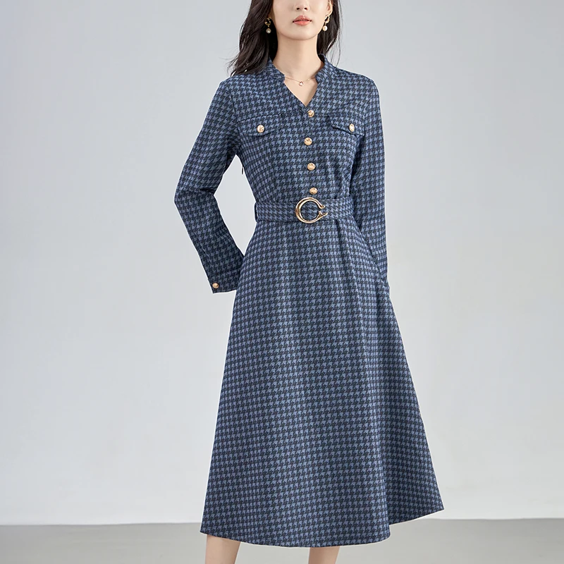 

Elegant Fashion Dresses For Women Autumn Winter V-neck Long Sleeve Women's Clothing Houndstooth Woman Casual Long Dress A-line