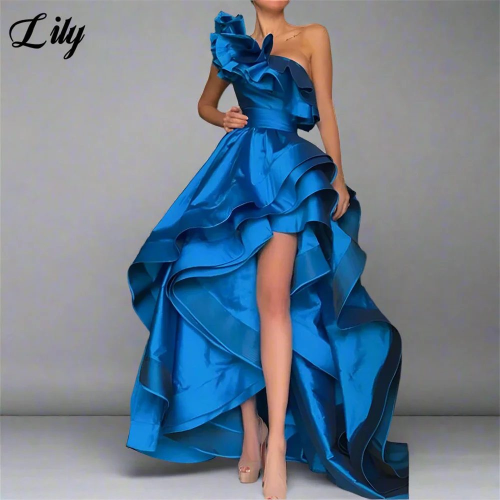 

Lily Eye - Catching Blue Party Dress Satin One Shoulder Sleeveless 프롬드레스 Ruffled Floral Asymmetric Train Gala Dress Custom