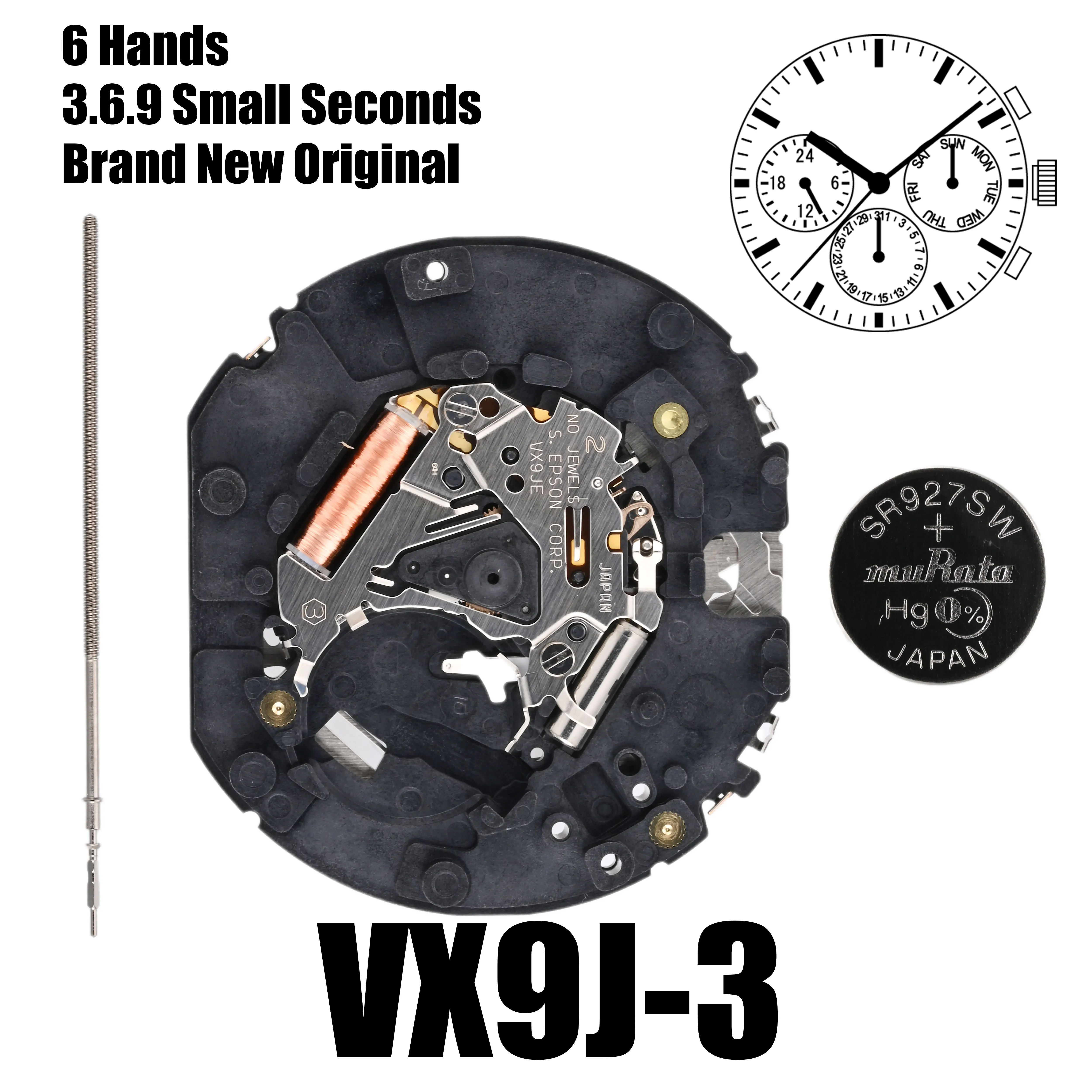 Genuine VX9J Movement epson VX9JE Movement Six Hands 3.6.9 Small Seconds Size:12 3/4'''Day / Date / 24 Hour