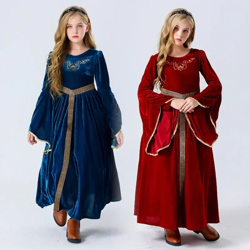 

Kids Halloween Cosplay Medieval Dress Costume Retro Palace Noble Ball Performance Children Suede Flare Sleeves Carnival Dress Up