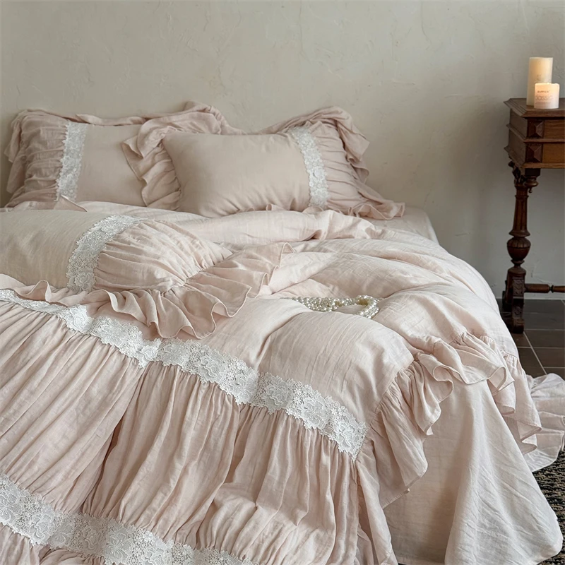 

Vintage Pleated Lace Ruffles Princess Bedding Set Double Layer Yarn 100% Cotton Duvet Cover Flat/Fitted Bed Sheet Pillowcases