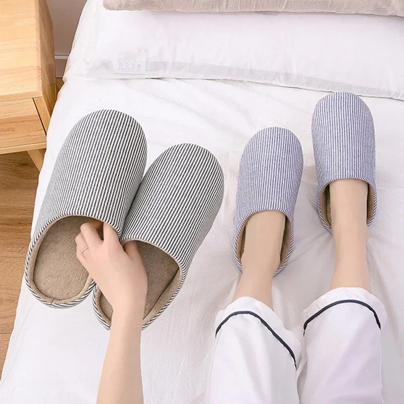 Striped Winter Slipper Women Fur Warm Non Slip Grip Indoor Fluffy Fuzzy Lazy Soft Female Home Floor House Living room Shoe Flat