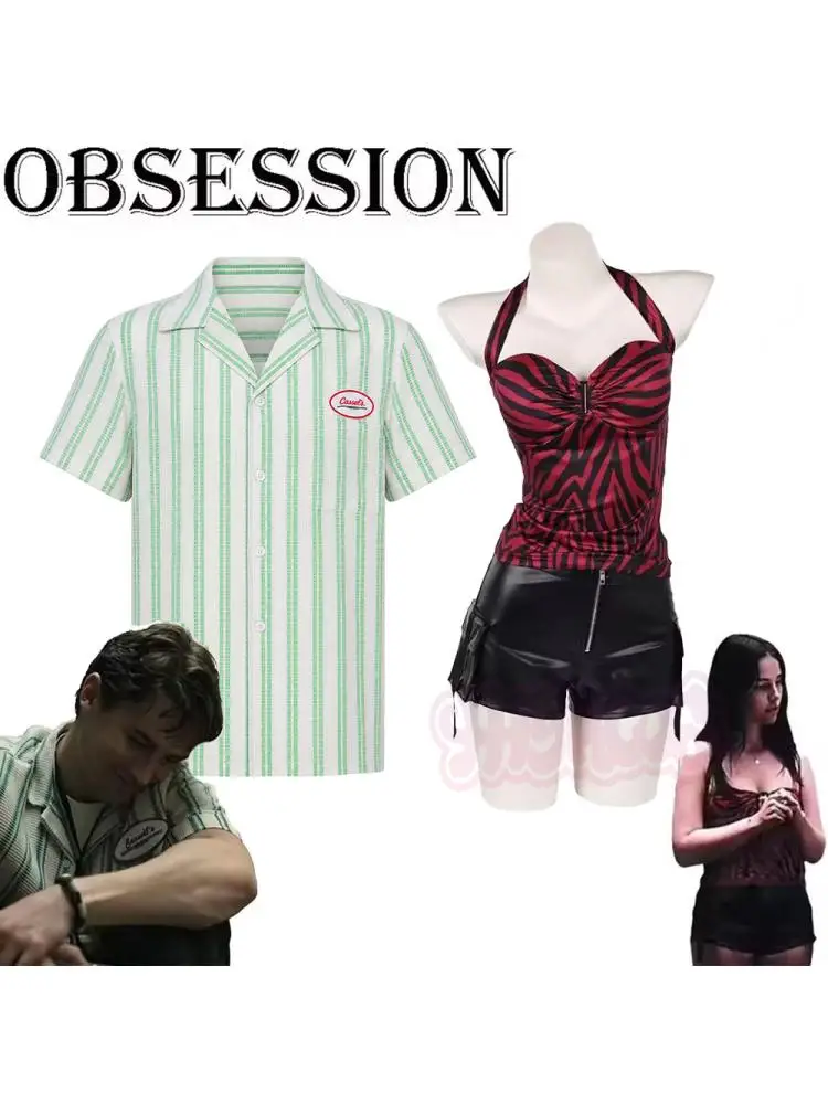 Kostium cosplay Obsession Nikki Bear: zielona koszula w paski, czerwony top typu halter z nadrukiem zebry, szorty, strój dla par na Halloween i karnawał. — 2