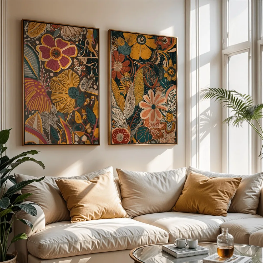2pcs frameless Canvas Painting 2pcs/set Bohemian Sunflower Bouquet Canvas Print Poster Retro Floral Botanical Art Prints Living