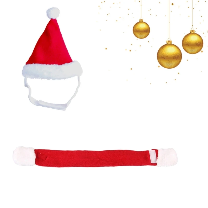 367A Funny Santa Hat Pet Headwear Photo Props with Scarf for Cats and Dogs for Holiday Photoshoots and Parties