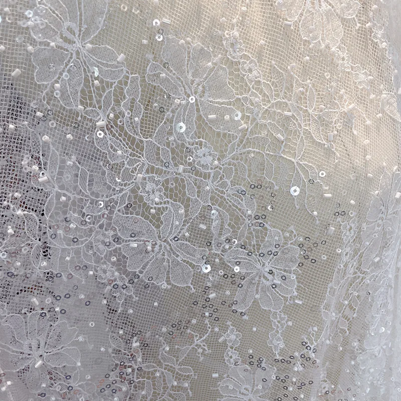 Haute Couture Exquisite Bead Elegant White Lace Fabric Soft Texture Sequin Wedding Dress Background Decoration Accessories