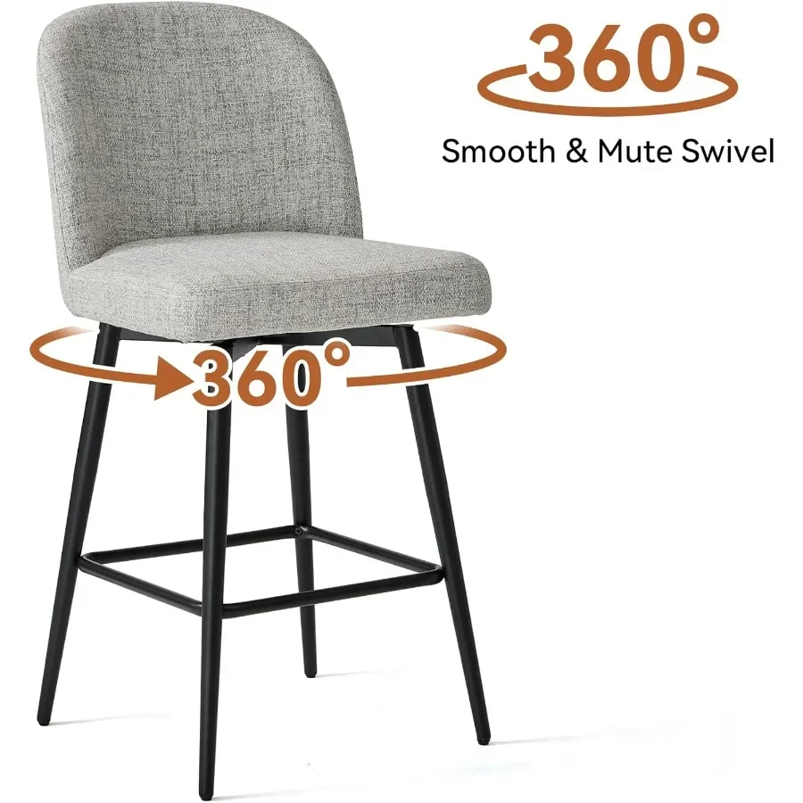 カウンターハイトバースツール2脚セット、シート高さ26.9インチ、回転式、布張りリネンバースツール、背もたれと金属脚付き、キッチン用