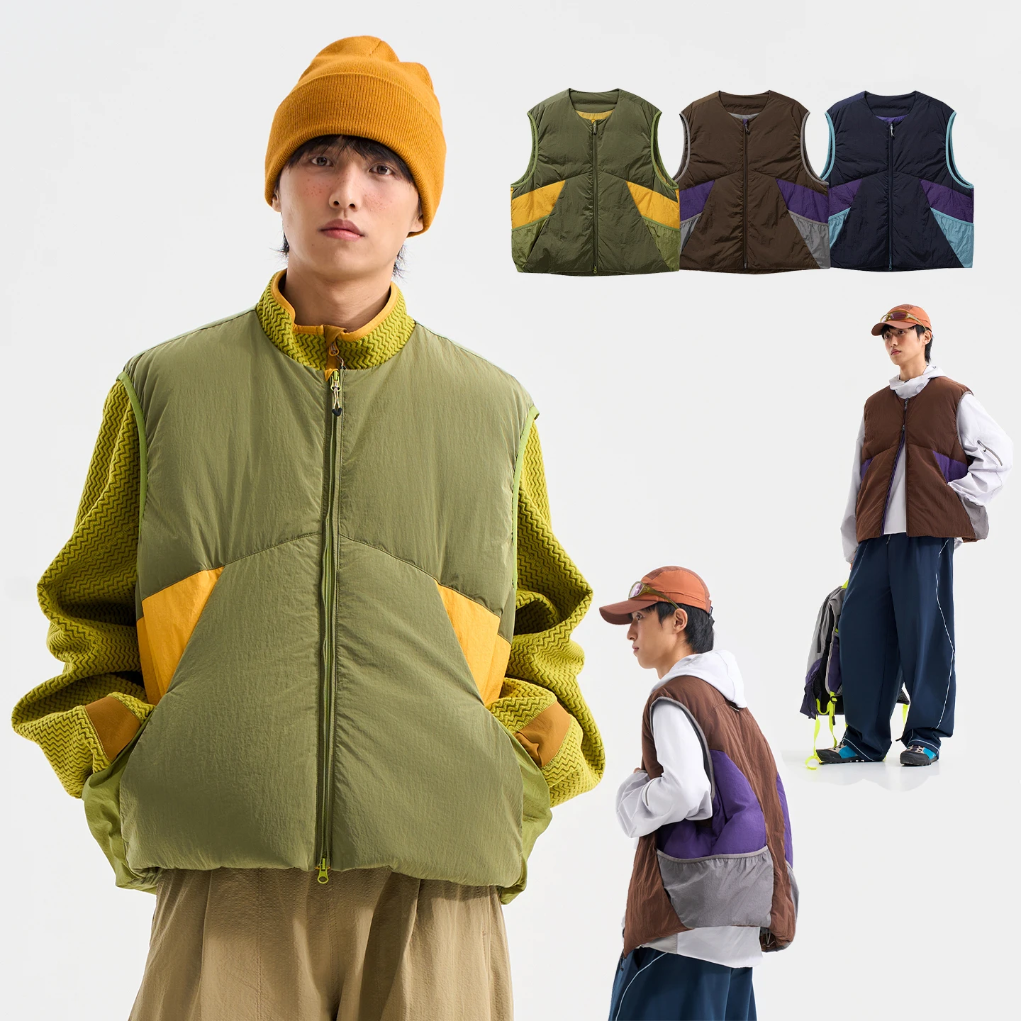 Unisex Color Block Spliced Down Gilet Autumn Winter Sleeveless Warm Vest Outdoor Street Layer Outerwear Waistcoat