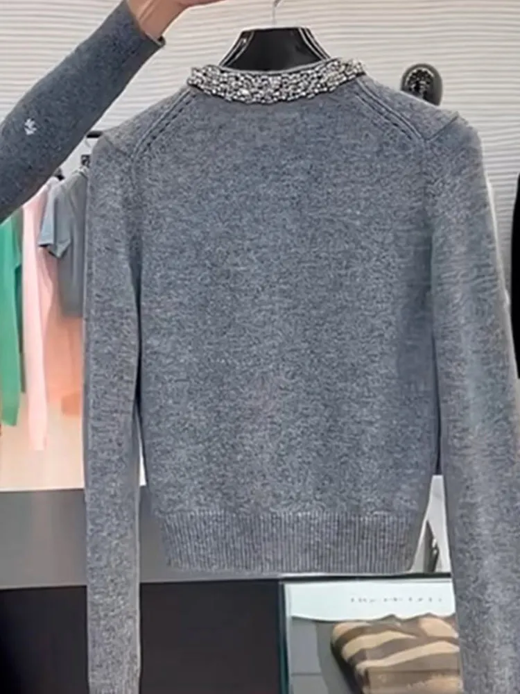 エレガントなニットのダイヤモンド装飾入りカジュアル長袖ラウンドネックオープンカーディガン、スリムデザインでおしゃれな通勤スタイルレディースセーター