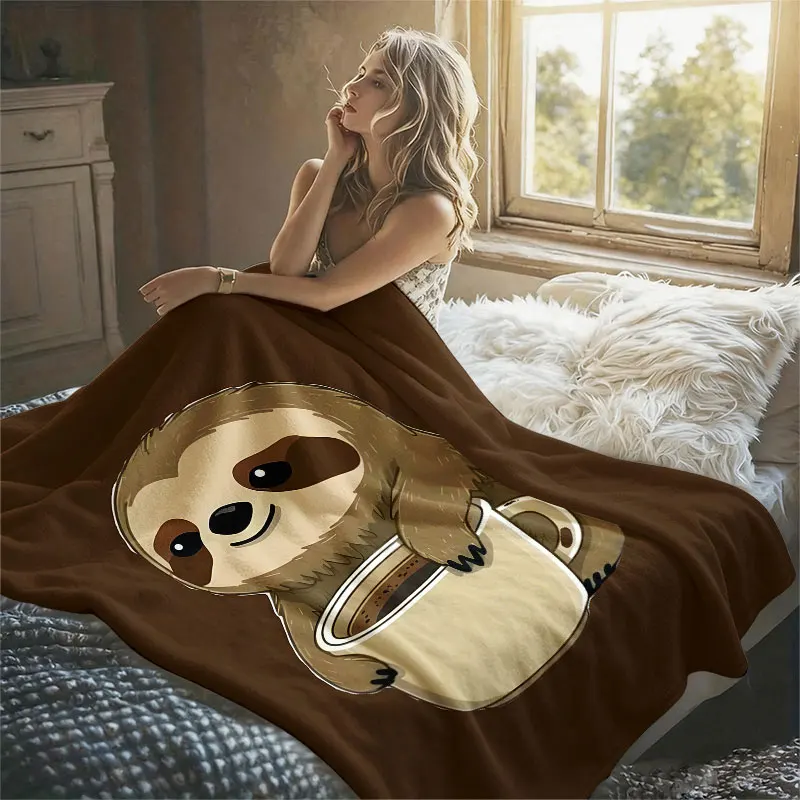 Sloth Coffee Cup Brown Flannel Blanket Perfect for Sofa Office Bed Travel Sleep Read Relax Camping Four Season Use