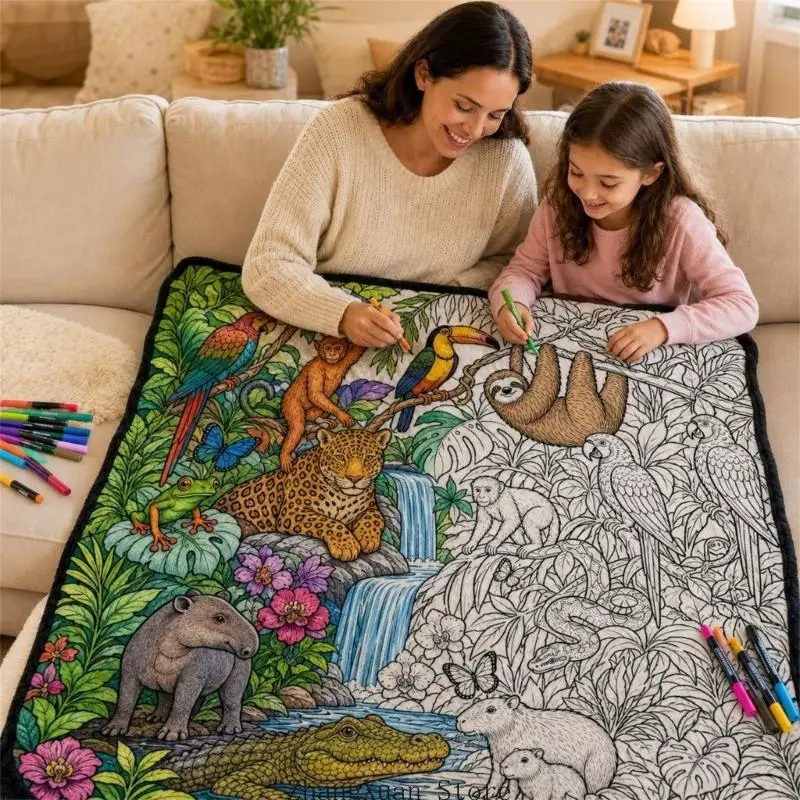 Washable Flannel Throw Blanket with Coloring Art and Included Markers 3XUF