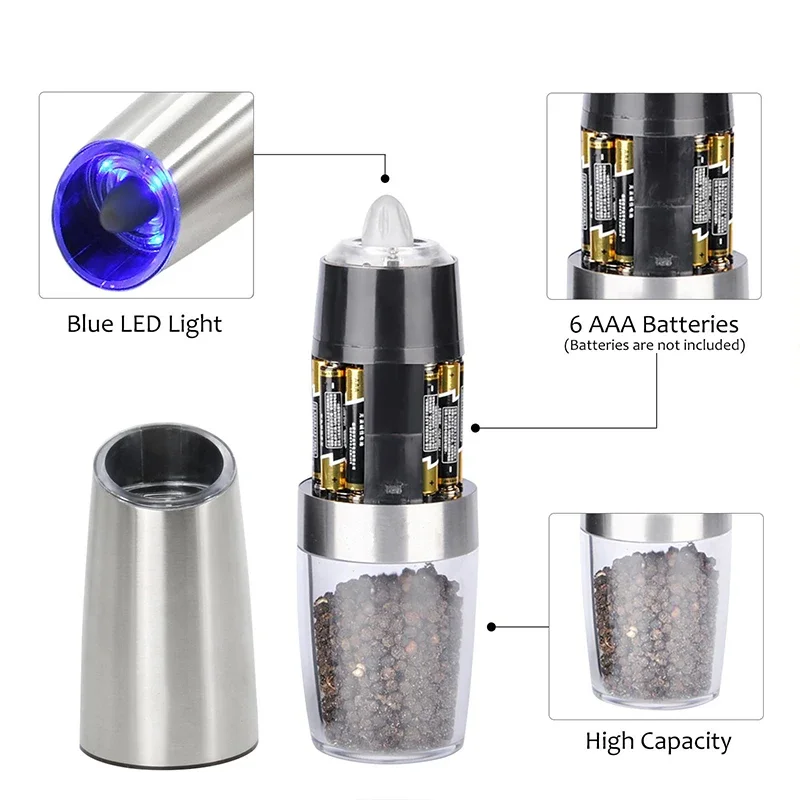 Electric Automatic Salt Pepper Grinder Gravity Spice Mill Battery-Operated Adjustable Coarseness One Hand Operated Kitchen Tool