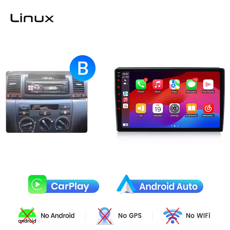Junsun draadloze CarPlay Android Auto autoradio voor Toyota Corolla Mk9 (E120) 2000-2007 met ingebouwde koelventilator, Android GPS navigatie, multimediaspeler, WiFi, DSP, RDS, BT, SWC, IPS