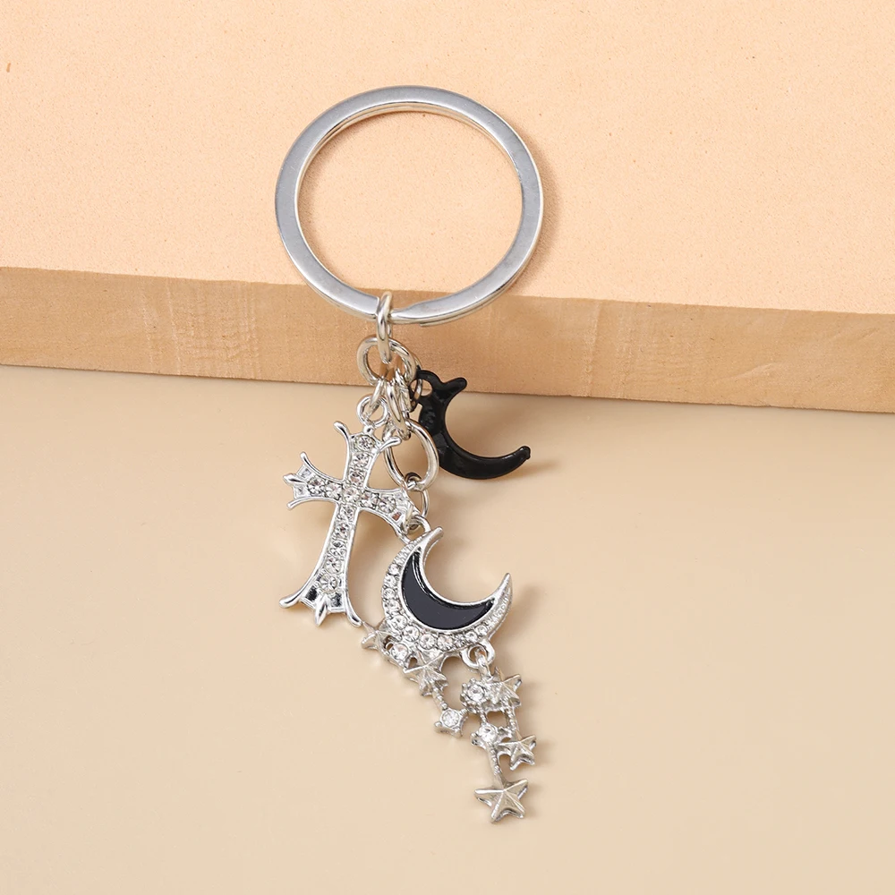 Delicate Y2K Crystal Star Moon Keychain Cross Key Ring Pendants for Women Girls Handbag Decor DIY Handmade Jewelry Gifts
