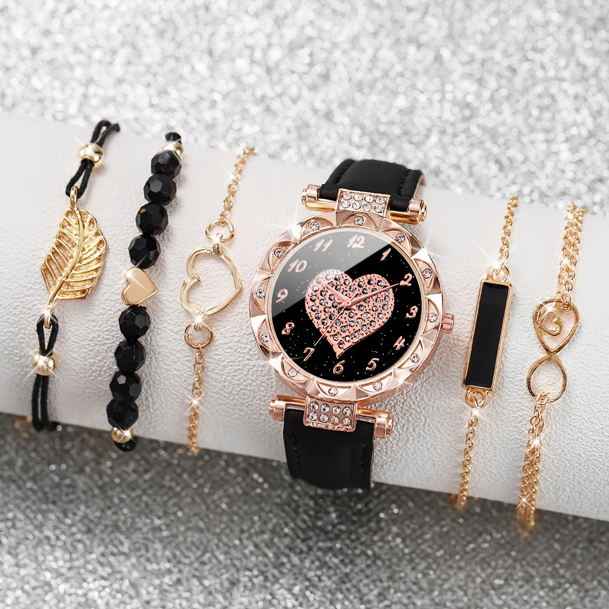 Colección de Relojes de diamantes de imitación de corazón brillante para mujer, reloj analógico de cuarzo con bandas de cuero PU y pulseras elegantes, 6 piezas por juego