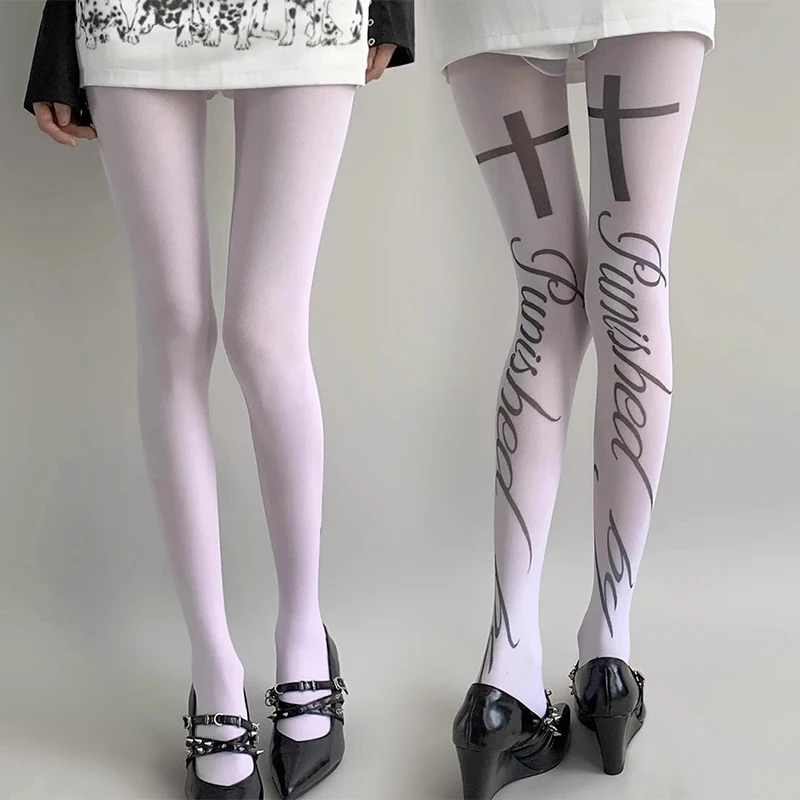 

Y2K стиль модные белые длинные носки с принтом креста и граффити колготки в стиле Харадзюку косплей милые носки Kawaii 2000-х годов эмо для девочек
