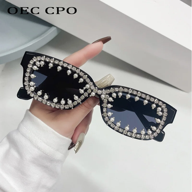 Vintage Rectangle Diamond Sunglasses Women Fashion Luxury Pearl Rhinestone Punk Eyewear Female Trends Crystal Sun Glasses Men