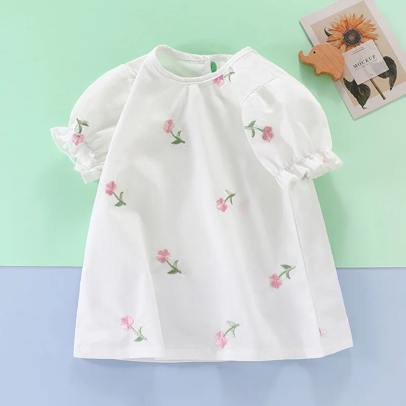 Girls T-shirt Summer Dress Baby Girl Korean Version Half Sleeved Trendy Flower Bud Sleeve Children's Pure Cotton Bottom Top