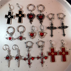 Gothic Red Crystal Heart Irregular Cross Thorn Hoop Earrings For Women Men Unusual Punk Charm Jewelry Y2K Scene EMO Accessories