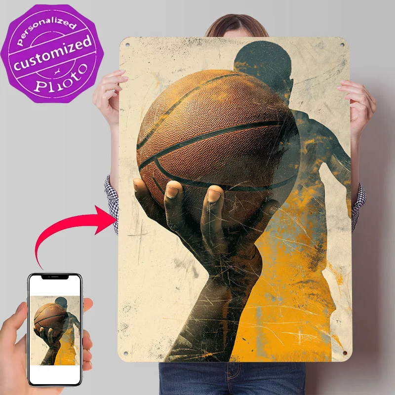 Basketball Player Holding Ball Art 3D Texture Printed Poster Custom Vintage Metal Tin Plate Sign for Wall Art Home Decorations
