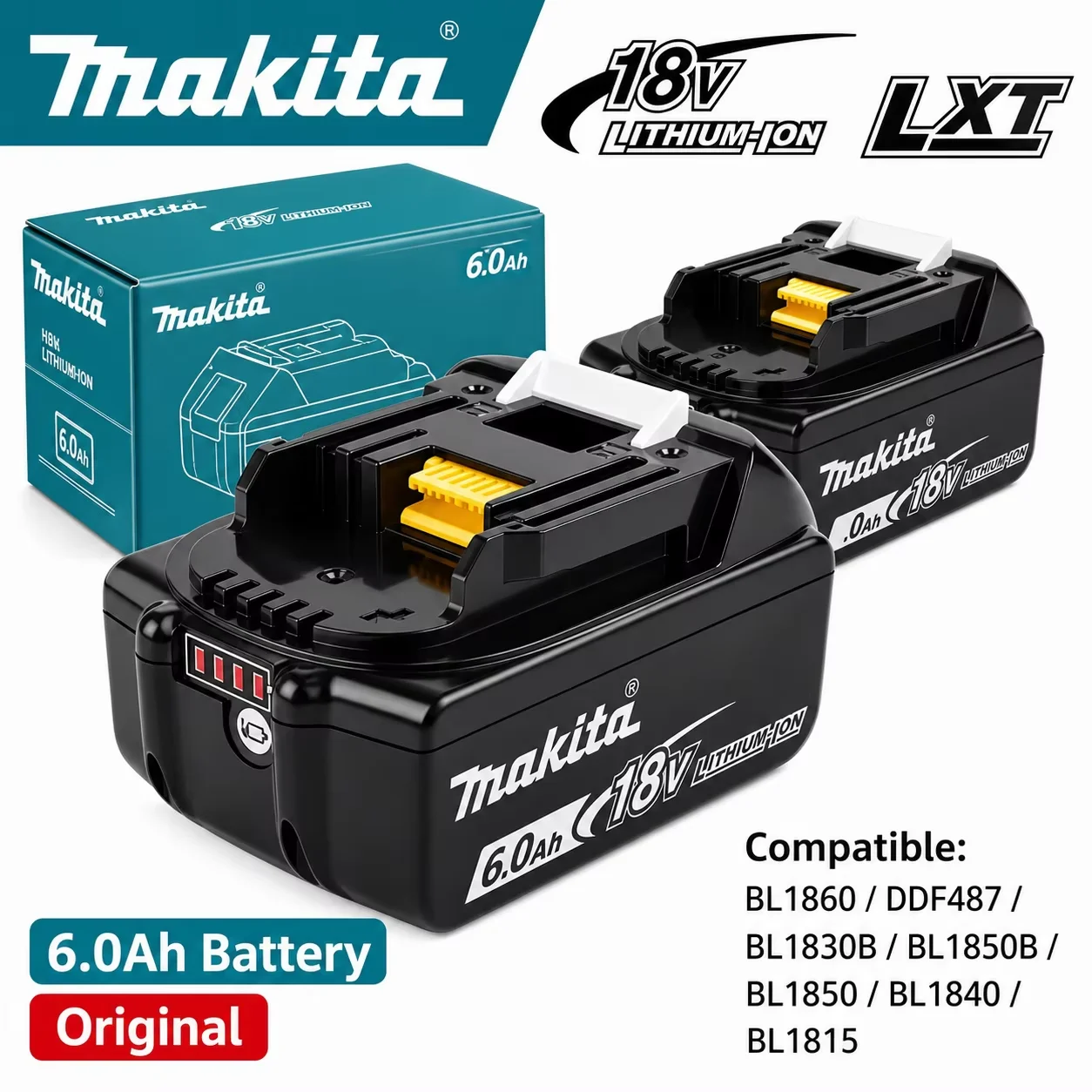 Makita 18V 6.0Ah 6000mAh 100% Original Lithium‑ion Rechargeable Battery Direct Fit for BL1850 BL1860 BL1860B