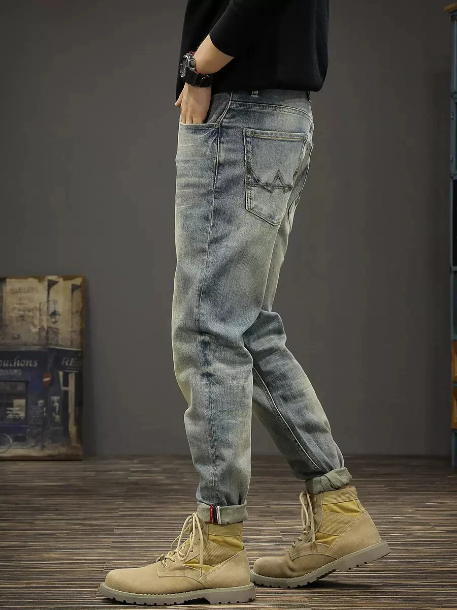 Italian Style Fashion Men Jeans High Quality Retro Blue Elastic Slim Fit Ripped Jeans Men Vintage Designer Denim Pants Hombre