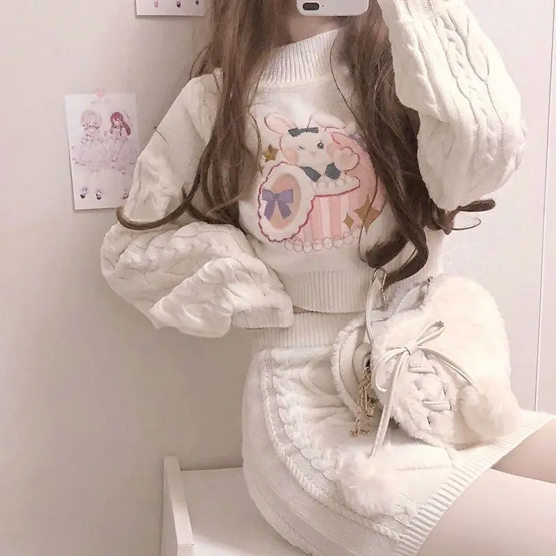 Y2K O-Neck Short Sweater Cartoon Embroidery Japan Style Kawaii Women Long Sleeve Pullovers White Knitted Skirts High Waist Sets