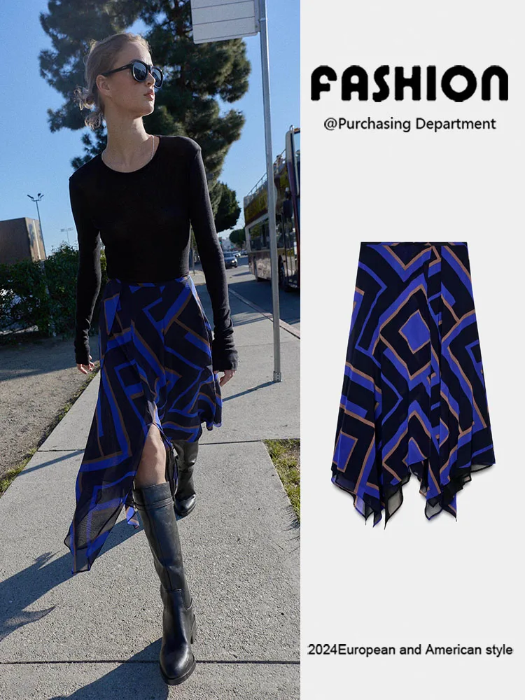 

Spring New Arrival Women's Faionable Asymmetrical Print Midi Skirt Versatile Double Lapel Slit Design Ethnic Stage Costume