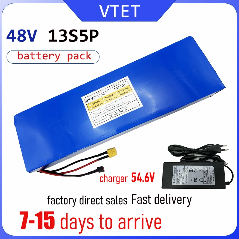 

2025 48V 10Ah/20Ah/30Ah/40Ah 1000W 13S5P XT60+T18650 lithium battery pack suitable for 54.6V electric bicycles with BMS+charger