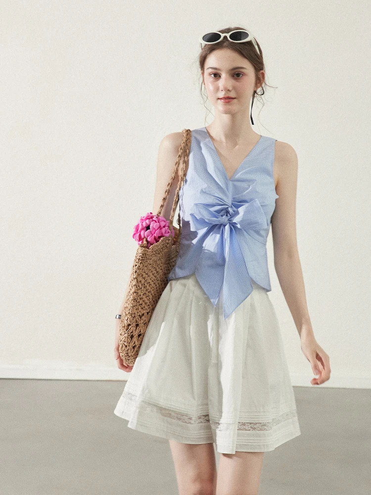 

Blue Star Fragment Tie Waist V-ne Pleated Asymmetrical Design Women's Tank Top Casual Sle Loose Fit Breathable Cotton Sum...