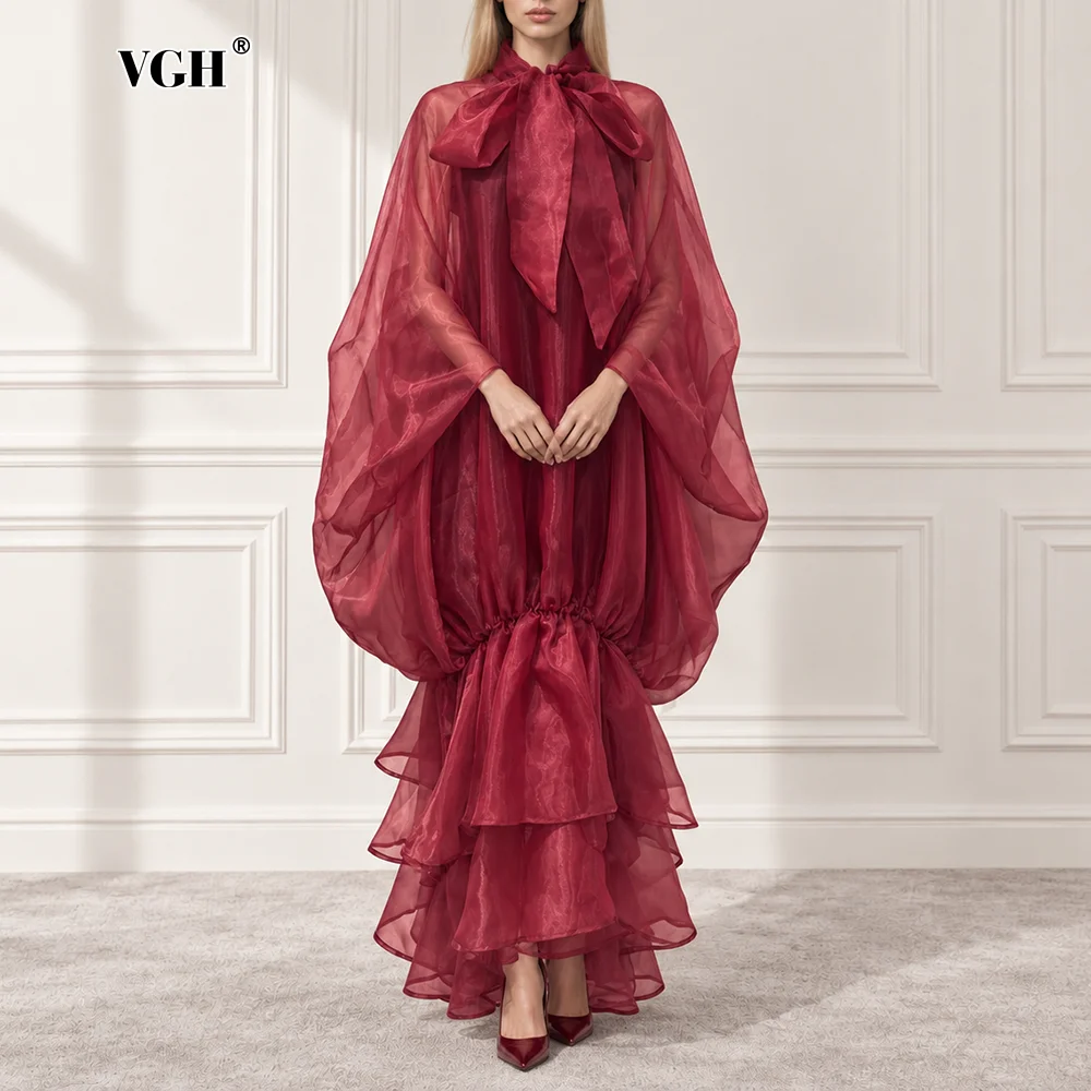VGH Trend Sheer Organza Maxi Dress for Women Bow Tie Neck Cape Sleeve Drawstring Tiered Ruffle Hem Large Silhouette for Party