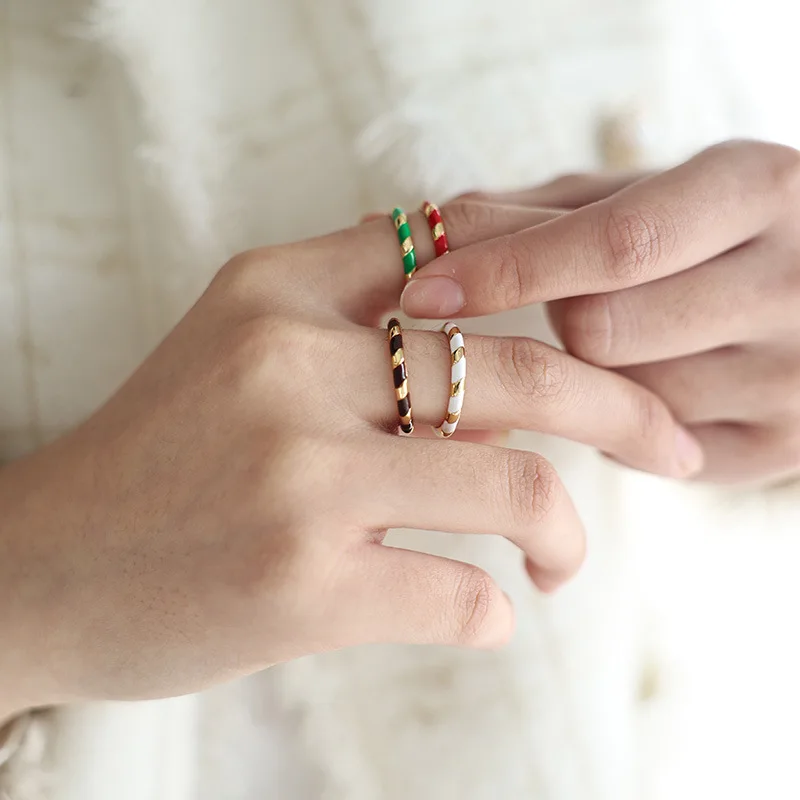 

Enamel Drop Glaze Gold-plated Ring for Women Copper Splicing Stacked Light Luxury Index Finger Ring High-end French Retro Thin