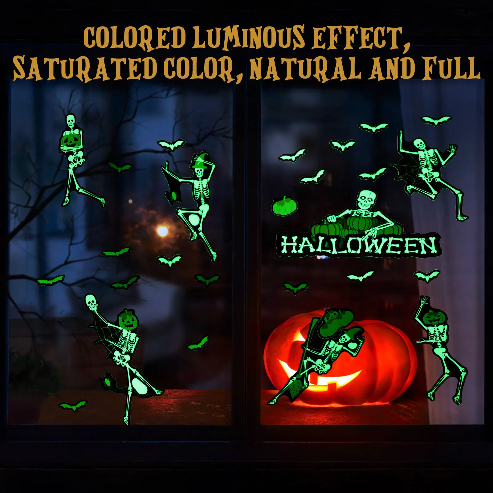 Halloween Decal Window Glow Dark Cling Decals for Fluorescent Green Glowing