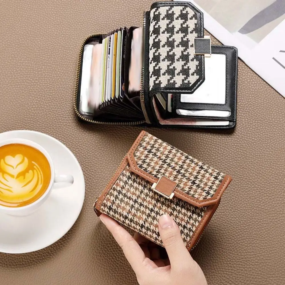 Multi-Card Slot 2 In 1 Kaart Tas Pu Lederen Koreaanse Stijl Houndstooth Korte Portemonnee Kaarthouder Clutch Tas Rits Portemonnee Munt Vrouw