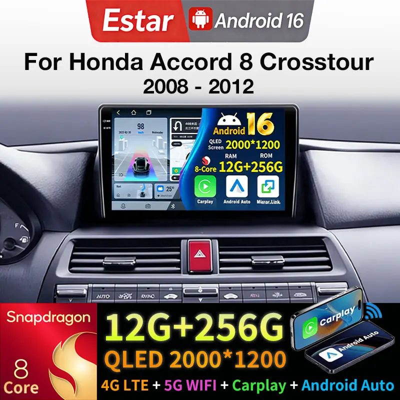 Radio para Auto Android 16 para Honda Accord 8 Crosstour 2008-2012, Reproductor Multimedia GPS, Unidad Principal Navi, Carplay Inalámbrico, Video Estéreo