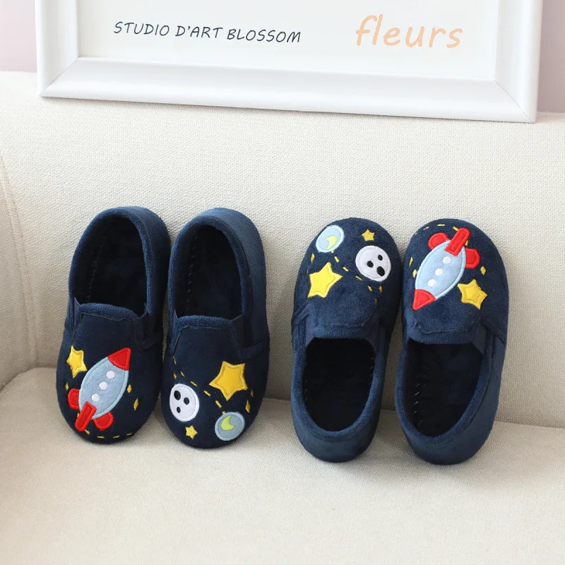 Spring autumn and winter short plush boys rocket planet indoor home shoes non-slip floor slippers boys bag heel cotton shoes