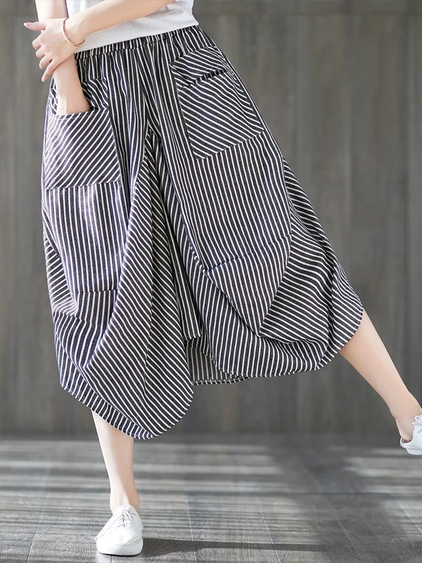 

Artistic Vintage High Waist Elastic Stripe Half Skirt plus Size Women's Fashion Irregular Lantern Skirt Casual Spring Summer