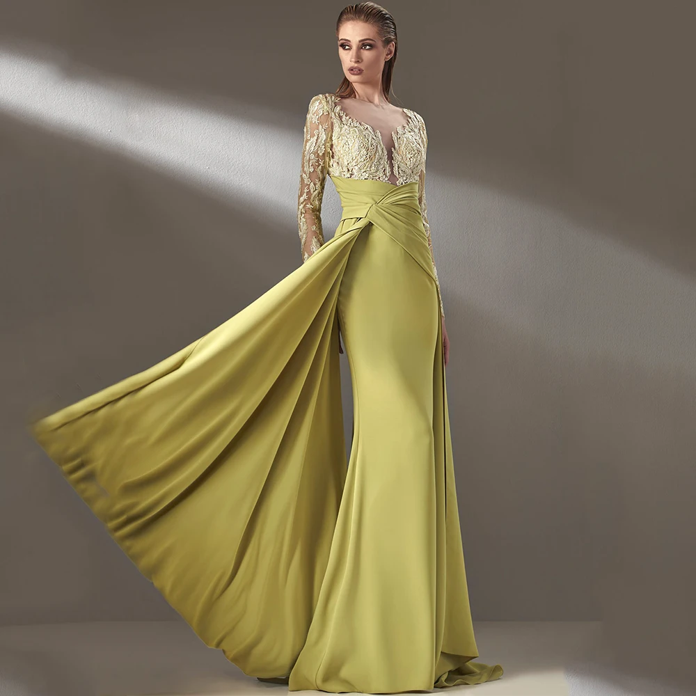 

O-Neck Simple Applique Illusion Long Sleeve Evening Dress Luxury Mermaid Floor Length Chic Pleat Women Banquet Event Gowns