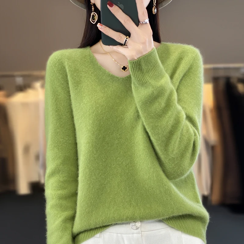 100% Merino Wool Women's Sweater V-Neck Long Sleeve Pullovers Autumn Winter Basic Jumper Cashmere Knitwear Warm -DD201