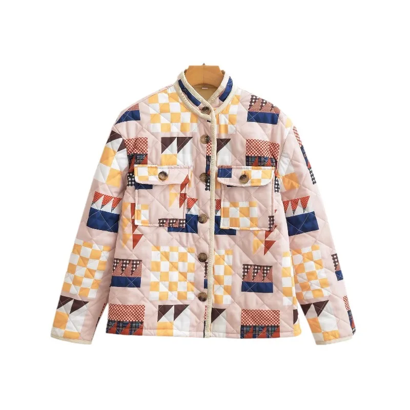 Mode Vrouwen Gewatteerde Katoenen Contrast Print Pocket Parka 'S Herfst Bedrukte Gewatteerde Jassen Vrouwen Katoenen Jas Winter Kleding Parka 'S