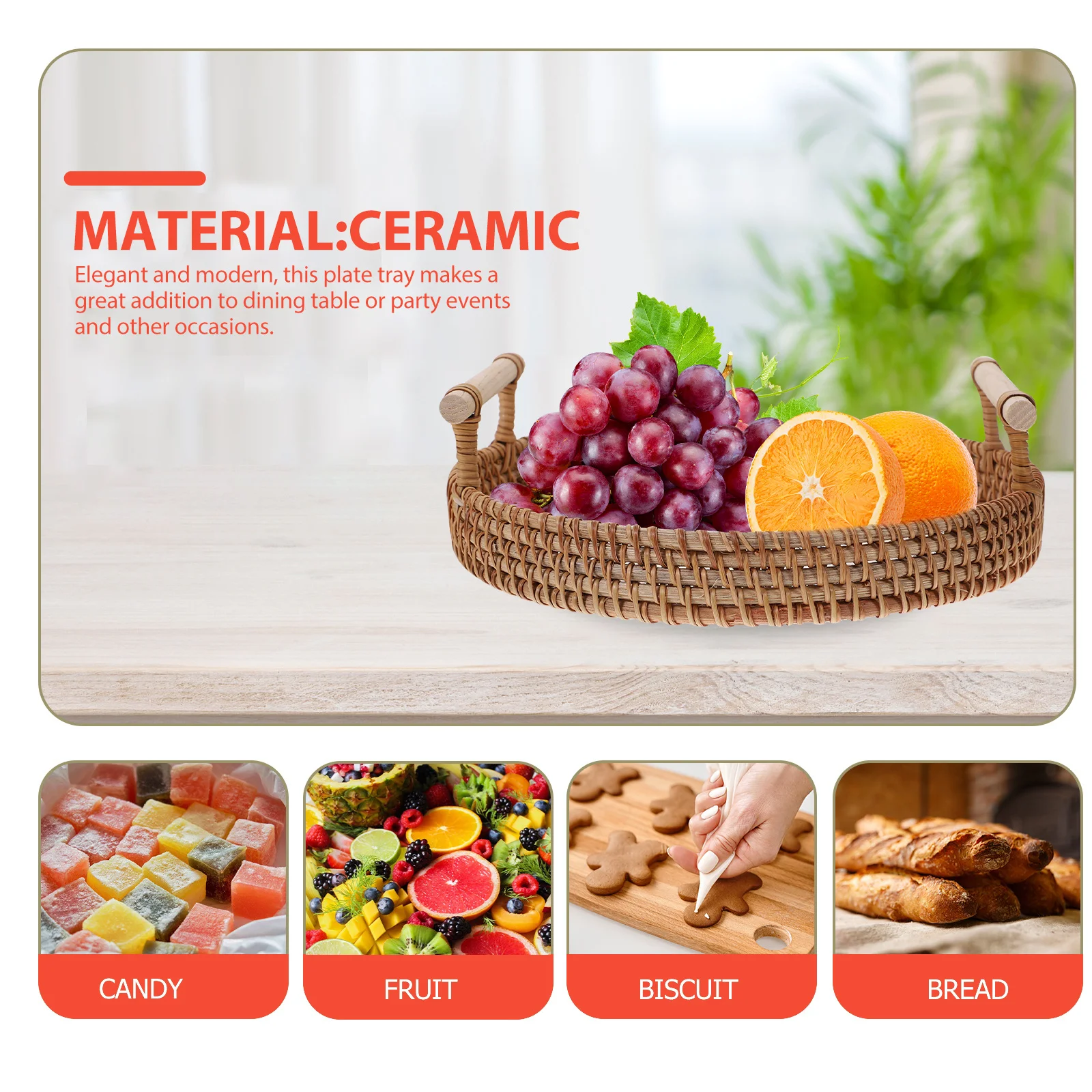 

Large Oval Ceramic Serving Tray Double Handles Rattan Weave Design Ideal for Snacks Candies Chocolates Household Food