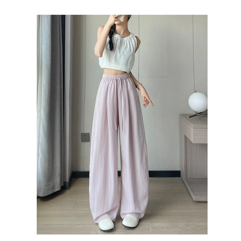 Pantalon à jambes larges en lin lavé pour femmes, été, ourlet fin et incurvé, ample, décontracté, en coton et lin