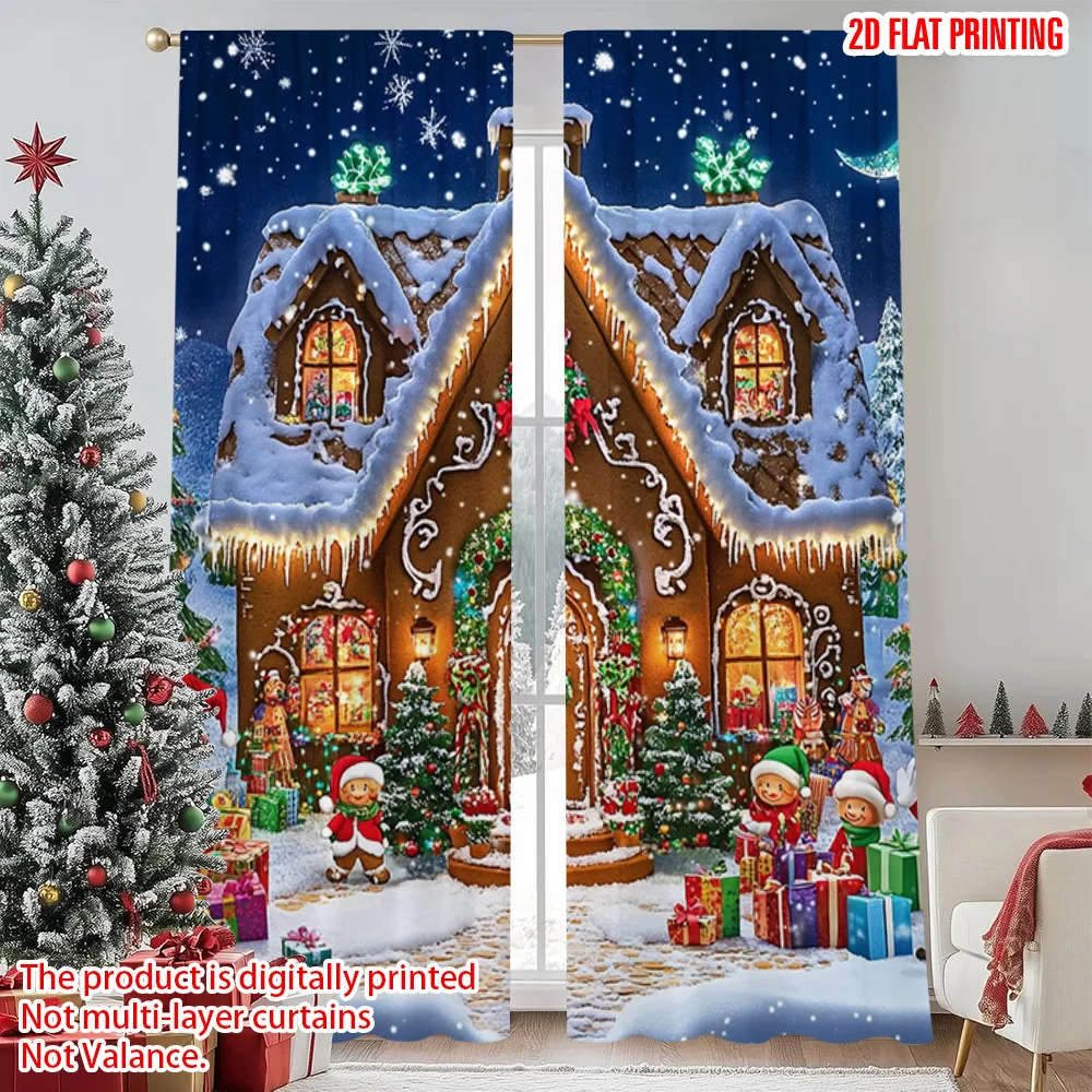 

2pcs 2D flat printing Merry Christmas Curtains Cartoon gingerbread house with snow Santa scene Versatile 100% Polyester Without