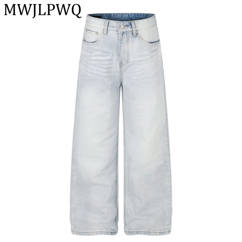 

MWJLPWQ American Retro Light-Colored Washed Distressed Denim Pants For Men Street Fashion Basic Style Loose Wide-Leg Jeans 16019